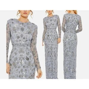 Mac Duggal 93939 Slate Blue High Neck Embellished Long Sleeve Column Gown 8 $798